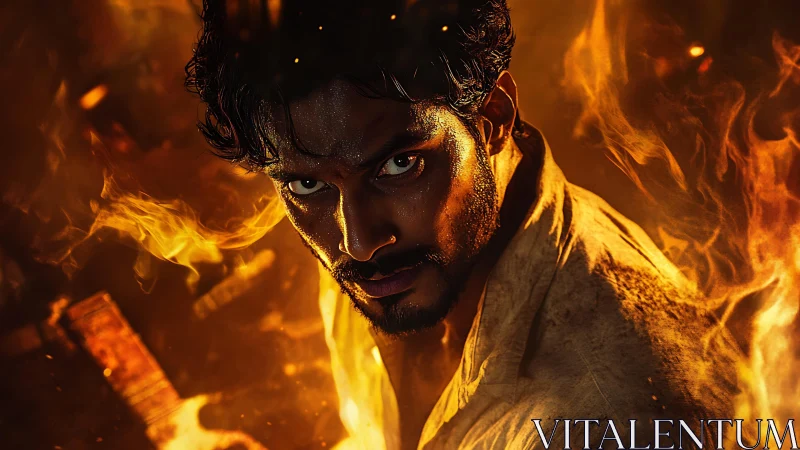 Firelit rebel locks eyes with the camera and owns the blaze