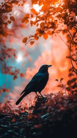 Backlit corvid silhouette under warm bokeh foliage in shallow focus