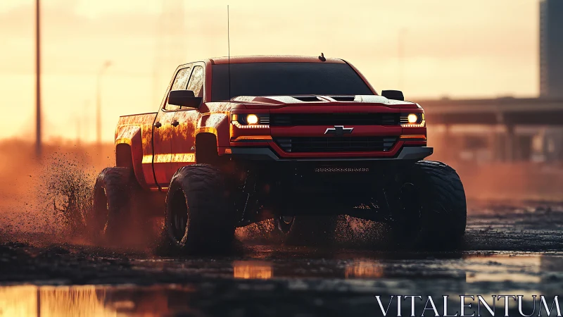 Lifted red Chevy truck powers through sunset mud trail.