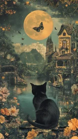 Moonlit cat dreaming by the riverside in a fairy village.