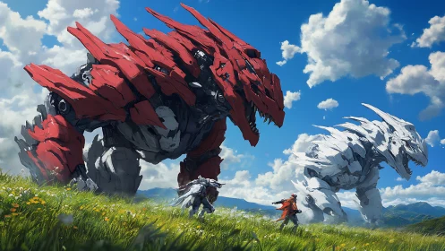 Gigantic red and white mechs confront humans in open field