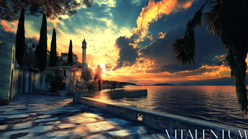Sunset promenade by calm sea with village and lighthouse.