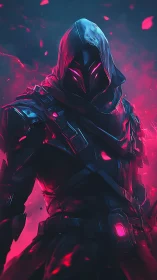 Hooded cyber assassin rises within neon magenta embers