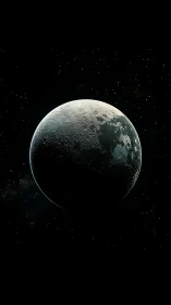 Half-illuminated cratered moon against deep space field.