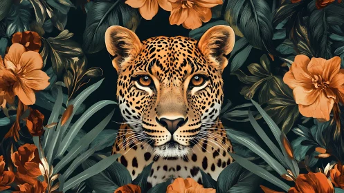 Leopard calm and curious amid lush midnight blossoms.