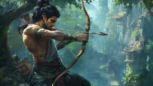 Archer poised with drawn bow in dense jungle gorge setting.
