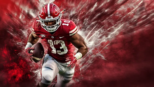 American football runner charges through crimson energy burst.