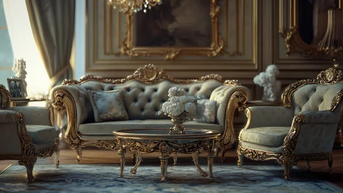 Regal sitting room glows with ornate gold and soft elegance