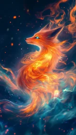 Volumetric flaming fox spirit with luminous cyan embers