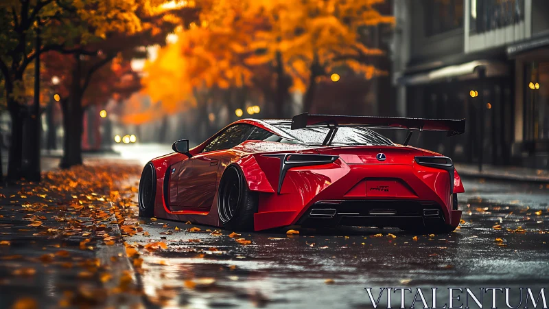 Rain-glossed red supercar under saturated autumn canopy.