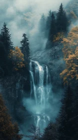 Moody digital waterfall in misted conifer forest vertical study.
