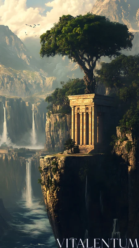 Ancient cliffside temple supports monumental tree above waterfalls