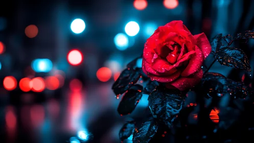 Urban night macro photograph isolates wet red rose bloom