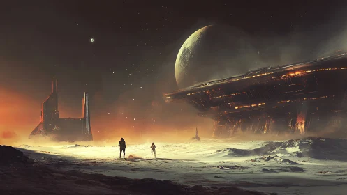 Stargazers Walking Beneath a Sleeping Colossal Starship.