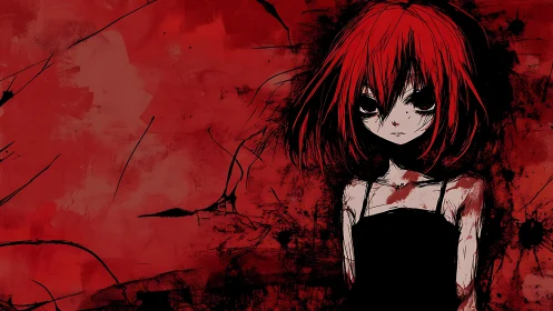 Red-haired anime girl stands in grunge blood-splatter composition