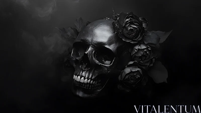 Monochrome human skull with roses against dark background.