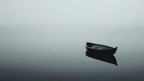 Quiet wooden rowboat drifting on calm silvery water.