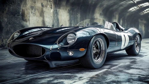 Vintage racing roadster rendered in a dim industrial tunnel