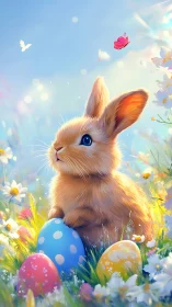 Easter meadow rabbit with painted eggs in backlit spring field