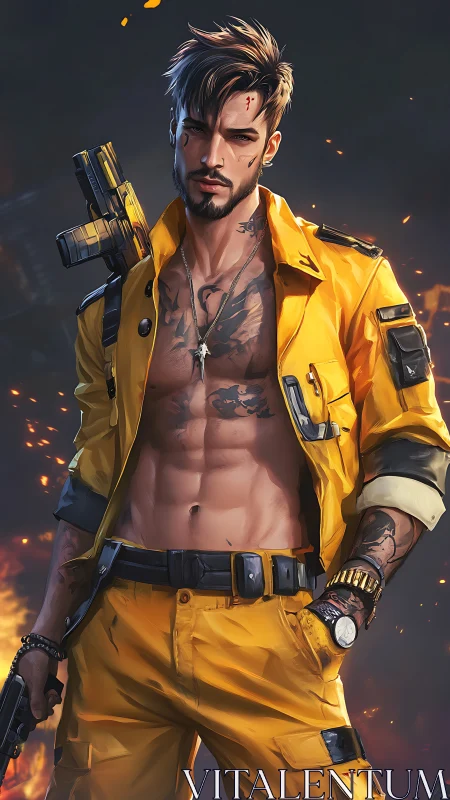 Armored mercenary in yellow tactical gear amid burning debris