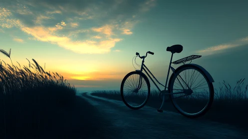 Silhouetted bicycle on sandy path at golden hour sunset