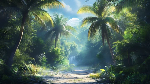 Tropical Jungle Sanctuary. Lush Valley Path Among Ancient Palms.