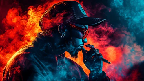 Hip hop artist vaping in bold red and blue smoke portrait.
