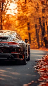 Rear-engine sports coupe profiling through autumn forest bend.