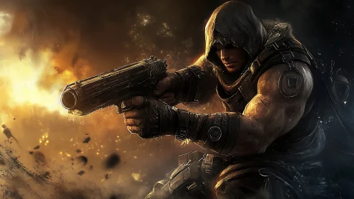 Armored gunner in hooded tactical gear aims through fiery debris field