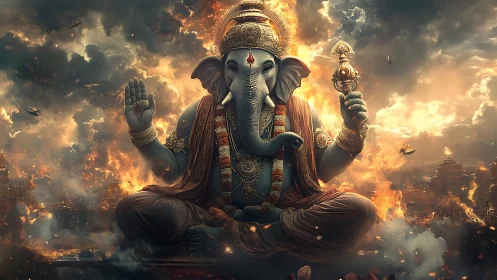 Fiery deity with elephant head seated in dramatic clouds.
