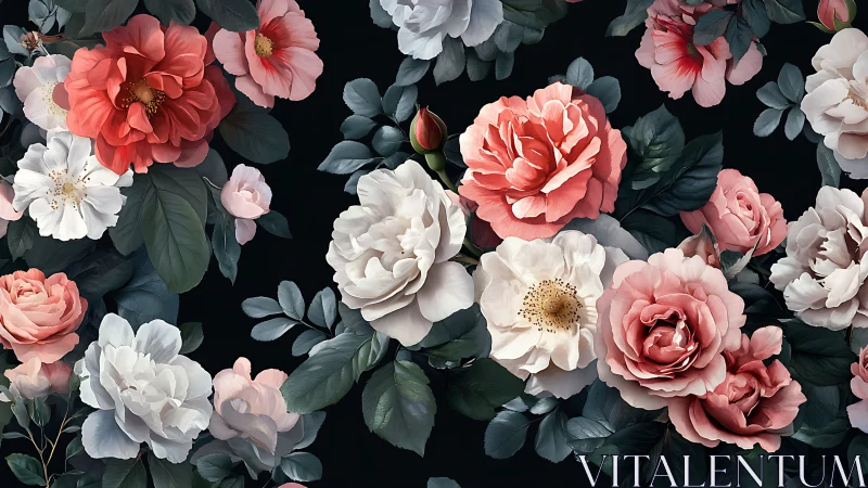 Chromatic peony rose cluster on low-luminance botanical field.