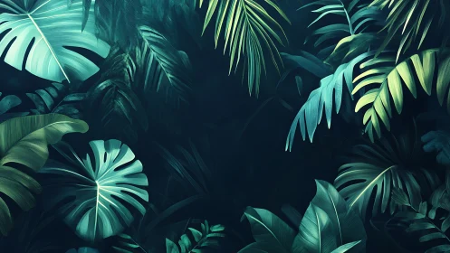 Dense tropical foliage fills a dark teal jungle background