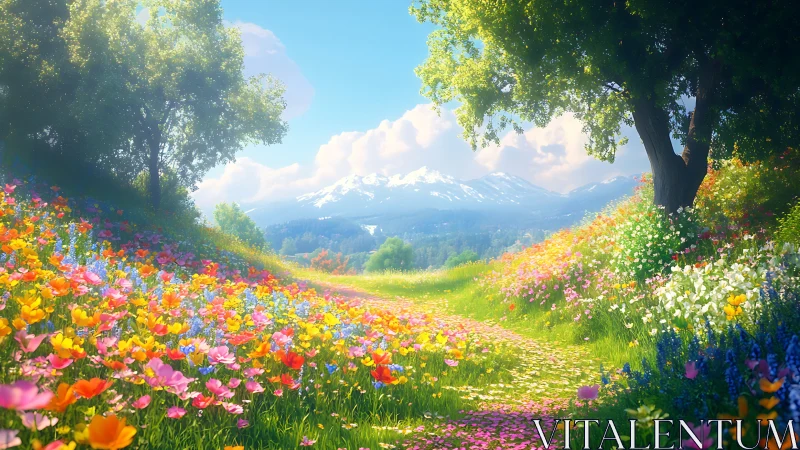 Mountain meadow path framed by wildflowers under bright sky