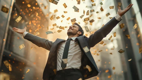Joyful businessman welcomes a golden shower of flying money