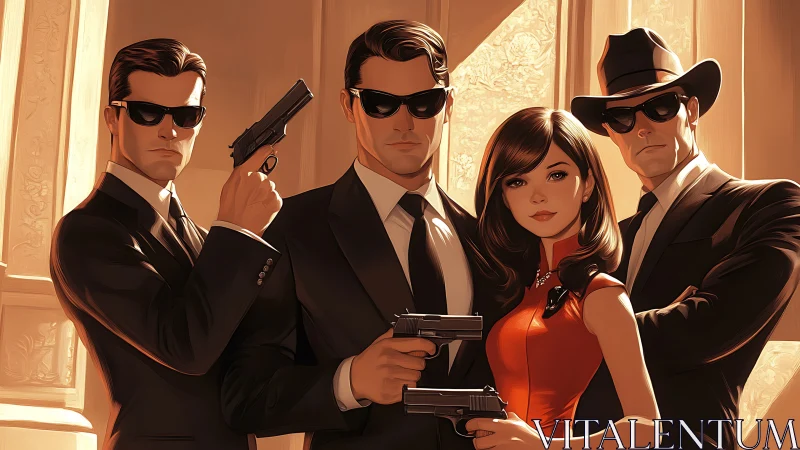 Stylish spy team poses with pistols under golden light.