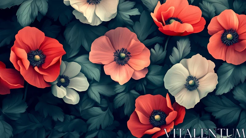 Vibrant Poppies Bloom Against Deep Teal Garden.