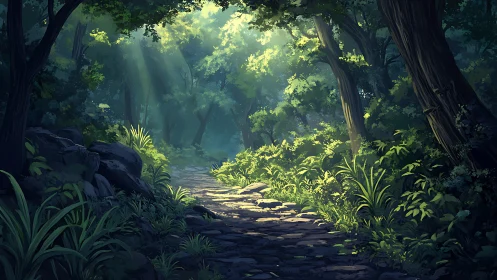 Sunlit Forest Path Through Towering Trees.