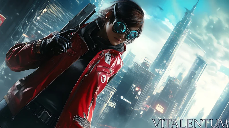 Futuristic gunfighter stalks a neon-soaked cyberpunk skyline