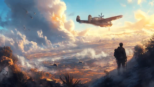 Lone soldier watching brave aircraft cross a glowing sky.