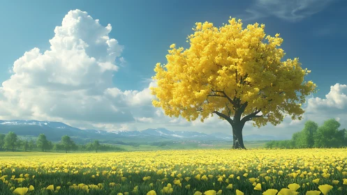 Solitary yellow tree dominates flowered plain under cumulus sky