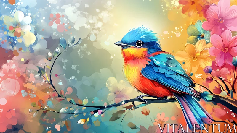 Vibrant blue and orange bird on floral branch, digital art style.