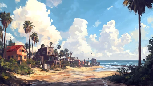 Coastal Village Scene with Palm Trees and Ocean. Digital painting.