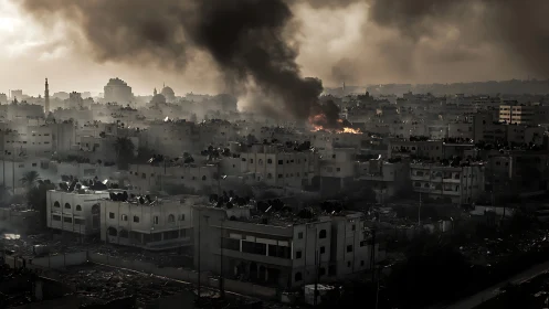 Somber city skyline shrouded in smoke, holding quiet stories.