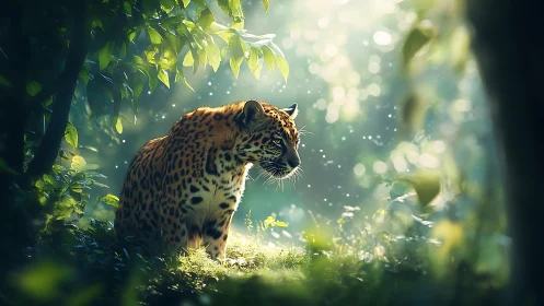 Leopard in Forest Clearing with Dappled Light.