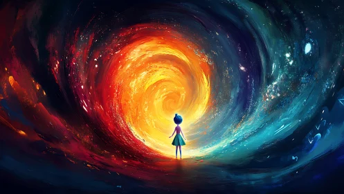 A small dreamer steps toward a swirling cosmic portal of light