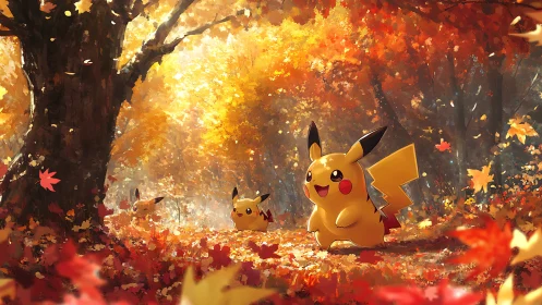 Pikachu characters in stylized autumn forest environment.