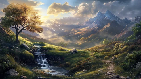 Sunlit valley stream winds toward distant snowy peaks.