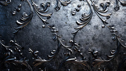 Baroque metallic relief pattern on oxidized steel surface.