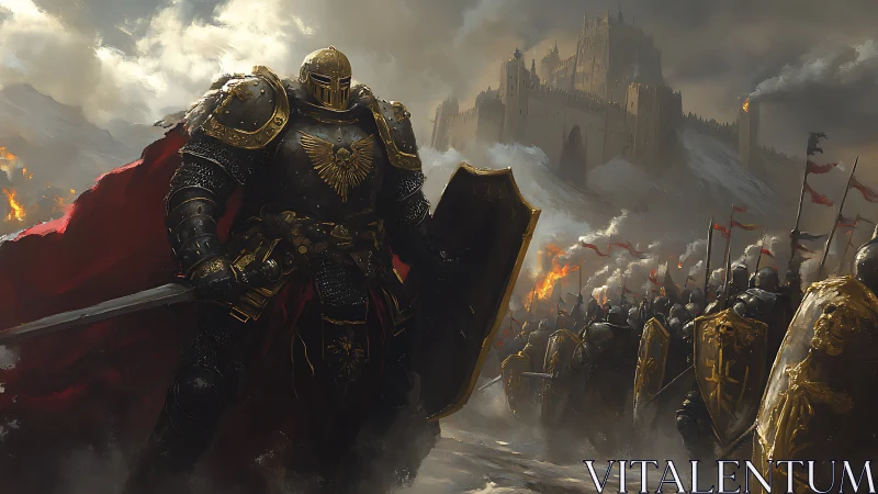 Heavily armored knight commands shield wall before besieged citadel