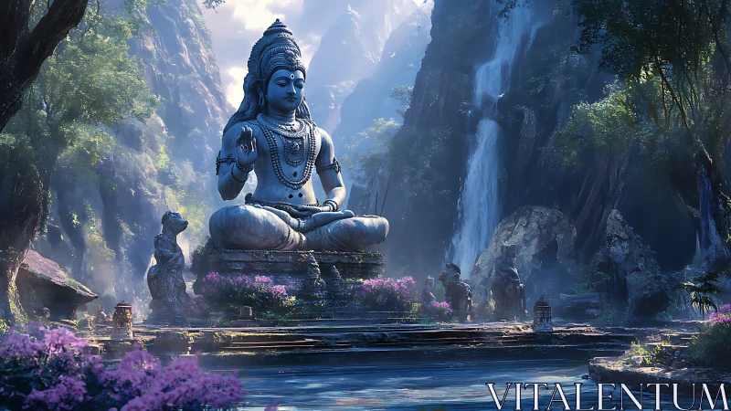 Monumental Shiva statue in misty canyon sanctuary with waterfalls